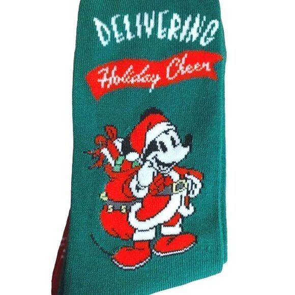 Disney Mickey Mouse 2 Pairs Red Green Christmas Themed Unisex Crew Socks - Picture 5 of 7